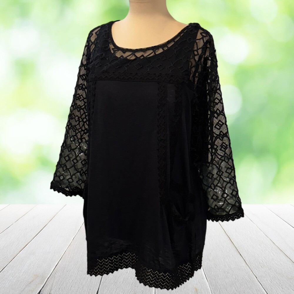 LOGO LORI GOLDSTEIN Tunic Top Sheer Layered Bell Sleeve Whimsigoth Pockets Sz L